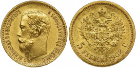 Russia, Nicholas II, 5 Roubles Petersburg 1902 A•P Mint piece. Pięknie zachowane. Waga 4.3 g Reference: Bitkin 29, Friedberg 180
Grade: UNC/AU 

Ru...
