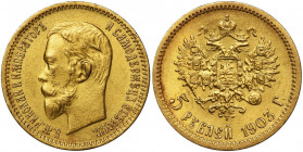 Russia, Nicholas II, 5 Roubles Petersburg 1903 A•P Waga 4.3 g Reference: Bitkin 30, Friedberg 180
Grade: AU 

Russia GoldCOINS WORLD EUROPE MEDALS ...