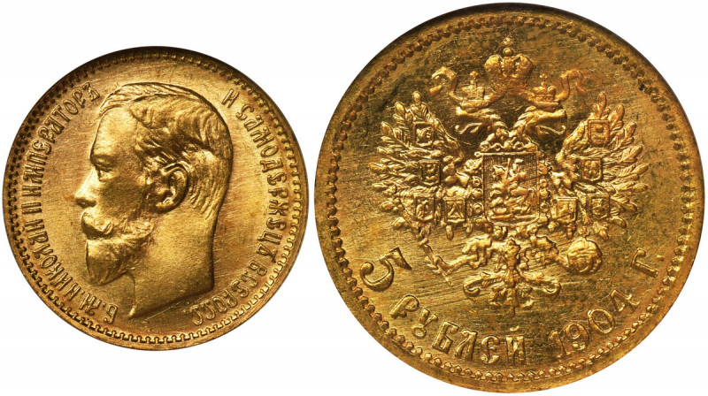 Russia, Nicholas II, 5 Rouble Petersburg 1904 - NGC MS66 Beautifully preserved s...