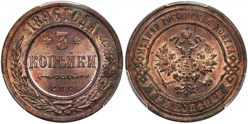 Russia, Nicholas II, 3 Kopecks Birmingham 1896 СПБ - PCGS MS64 RB Pierwszy roczn...