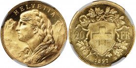 Switzerland, 20 Francs Bern 1897 - NGC MS65 Perfectly preserved 20 francs from the mint of Bern. The obverse shows portrait of the female personificat...