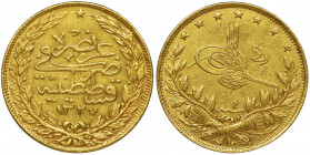 Turkey, Mahmud V Resad, 100 Piastres 1909 (AH 1327) 1st year issue.

Gold probe '916'.
 Emisja z 1-ego roku panowania. Złoto próby '916'. Waga 7.2 ...