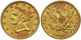 USA, 5 Dollars Philadelphia 1882 - Liberty Head Ładny, zegarowy połysk. Złoto próby '900'. Waga 8.4 g Reference: Friedberg 143
Grade: XF 

USA Amer...
