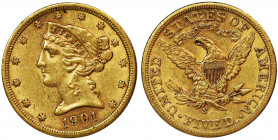 USA, 5 Dollars San Francisco 1901 - Liberty Head Ładna moneta z duża ilością menniczego połysku. Złoto próby '900'. Waga 8.4 g Reference: Friedberg 14...