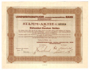 Gdańsk, Landwirtschaftliche Bank AG, 100 guldenów, 1924 Landwirtschaftliche Bank AG - akcja 100 guldenów, październik 1924 Bank ten został założony w ...