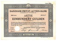 Gdańsk, Danziger Privat-Actien-Bank, 100 guldenów, 1934 Danziger Privat-Actien-Bank, akcja na 100 guldenów z 1934 r. Gdański Prywatny Bank Akcyjny zos...