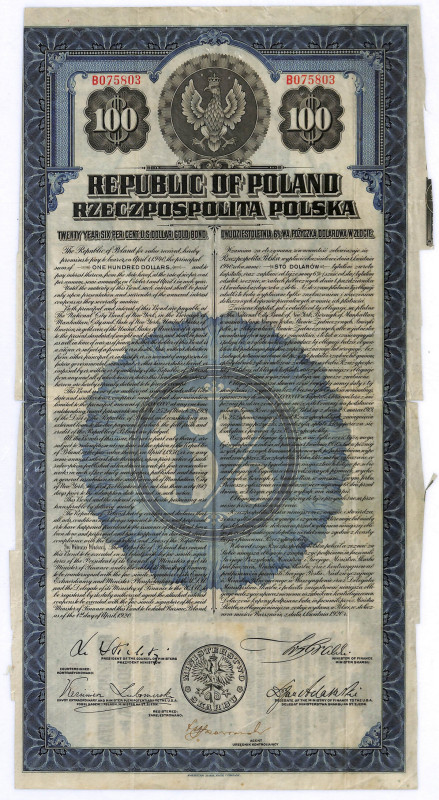 6% pożyczka dolarowa 1920, obligacja $100 Dwudziestoletnia 6% pożyczka dolarowa ...