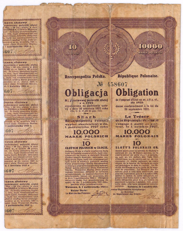 8% państwowa pożyczka złota 1922 - obligacja 10.000 mkp/10 zł Rzadka obligacja 8...