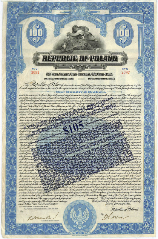 8% pożyczka dolarowa amortyzacyjna 1925, obligacja $105 25 letnia 8% zewnętrzna ...