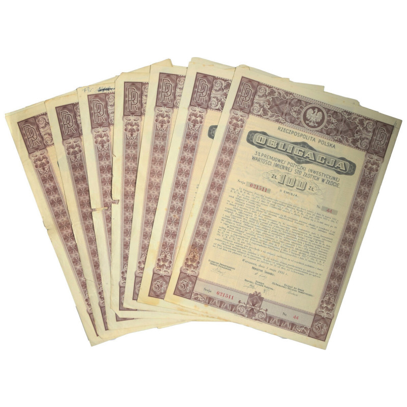 Zestaw obligacji II serii premiowej pożyczki inwestycyjnej 1935 (7 szt.) Zestaw ...