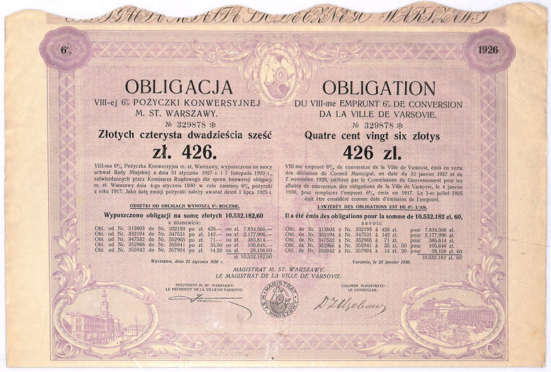 6% pożyczka konwersyjna m. st. Warszawy 1930, obligacja 426 zł Obligacja VIII po...