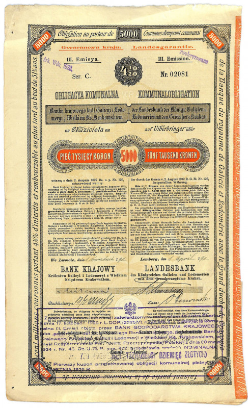 Bank Krajowy, obligacja komunalna, III emisja, 5000 koron Obligacja komunalna Ba...