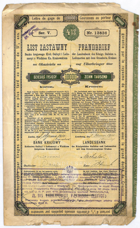 Bank Krajowy, list zastawny, 10000 koron List zastawny Banku Krajowego na 10.000...