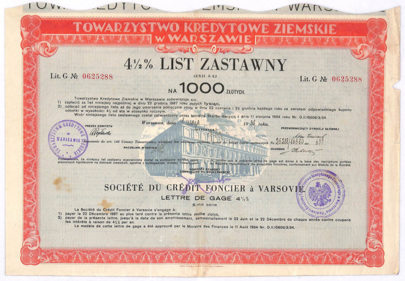 Towarzystwo Kredytowe Ziemskie w Warszawie, 4,5% list zastawny, 1.000 zł 4,5% li...
