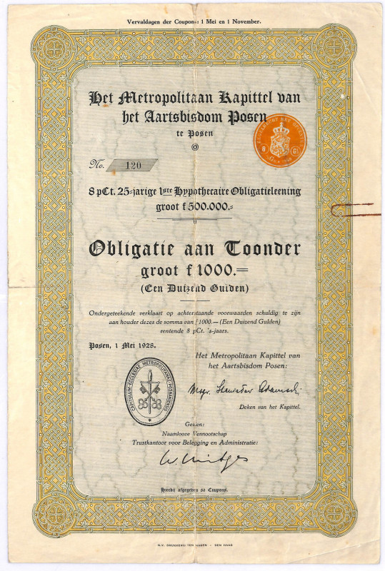 Archidiecezja Poznań (Posen), obligacja 1.000 guldenów, 1928 8% 25-letnia pożycz...