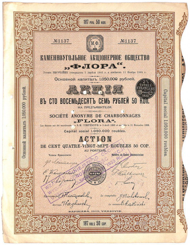 Towarzystwo Kopalń Węgla 'Flora' - 187,5 rubla - z arkuszem kuponowym Dotychczas...