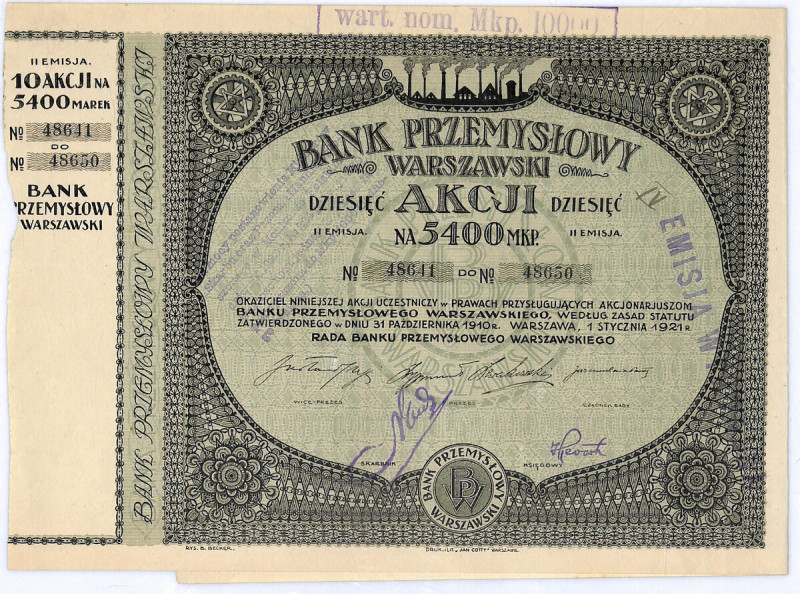 Bank Przemysłowy Warszawski S.A., 10 akcji na okaziciela 5400 marek polskich, Wa...