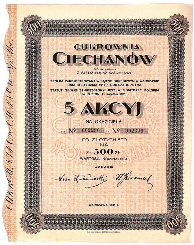 Cukrownia Ciechanów S.A. - 500 zł, na okaziciela Spółka prowadziła jedną z bardz...