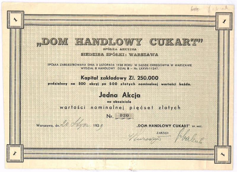 Dom Handlowy Cukart S.A. - 500 zł Bardzo rzadka akcja, w znakomitym stanie zacho...