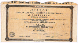 Elibor S.A. - akcja na 25 zł W przeciwieństwie do późniejszych wydawanych w wyniku wymiany tych akcji na akcja o nominale 100 zł prezentowany papier j...