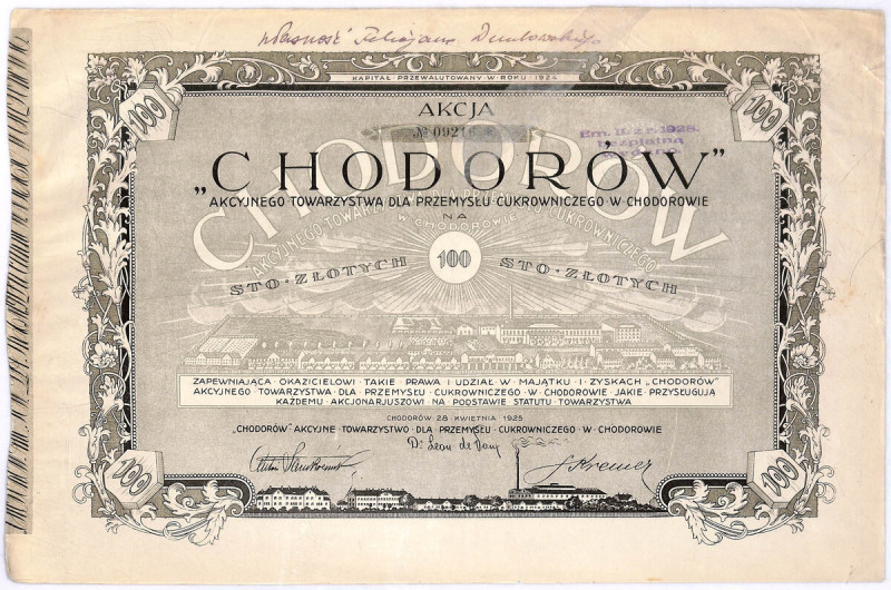 'Chodorów' Akcyjne Towarzystwo dla Przemysłu Cukrowniczego, 100 zł, 1925 r. Popu...