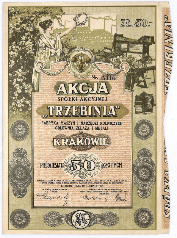 TRZEBINIA Fabryka Maszyn i Narzędzi Rolniczych Odlewnia Żelaza i Metali, 50 złot...