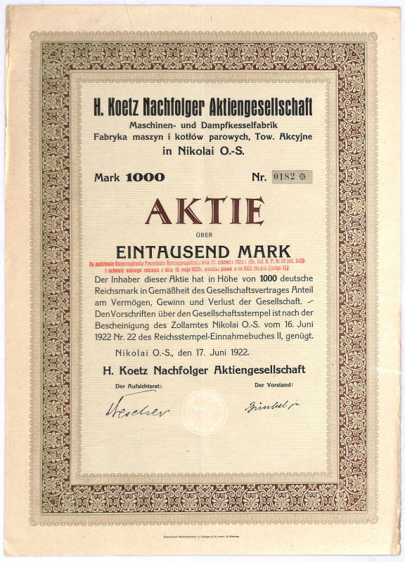 Fabryka Kotłów i Maszyn Parowych H. Koetz S.A. - 1000 mk (1000 zł) Spółka z Górn...