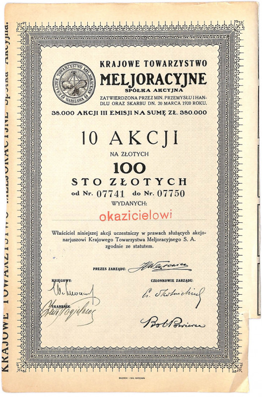 Krajowe Towarzystwo Melioracyjne, 1000 zł, III emisja Spółka została powołana w ...