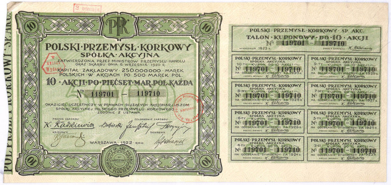 Polski Przemysł Korkowy S.A. - 5000 mkp, 1922 rok Atrakcyjna graficznie, nieczęs...