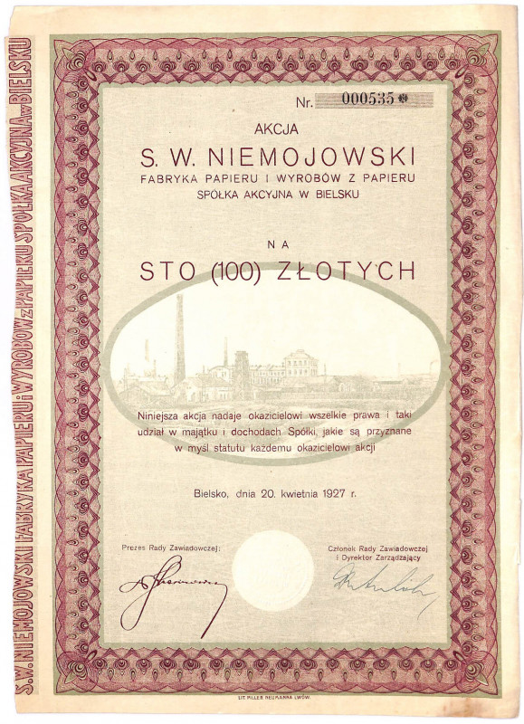 S. W. Niemojowski Fabryka Papieru i Wyrobów z Papieru S.A. - 100 zł Bardzo ładna...