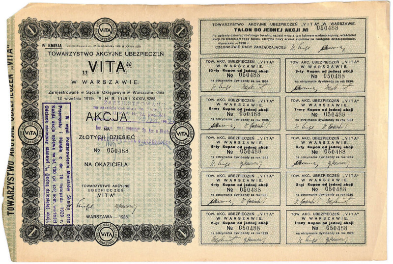 Towarzystwo Akcyjne Ubezpieczeń 'Vita', 10 zł, IV emisja Akcje większości spółek...