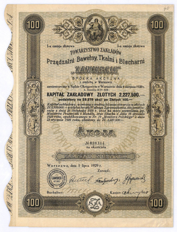 Towarzystwo Zakładów Przędzalni Bawełny, Tkalni i Blecharni ZAWIERCIE, Em.I, 100...