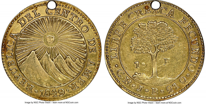 Central American Republic gold Escudo 1849 CR-JB AU Details (Holed, Edge Filed) ...