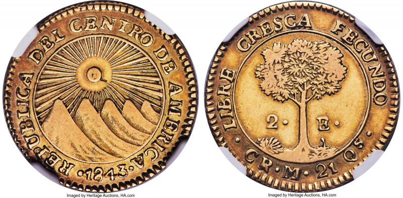Central American Republic gold 2 Escudos 1843 CR-M XF40 NGC, San Jose mint, KM15...