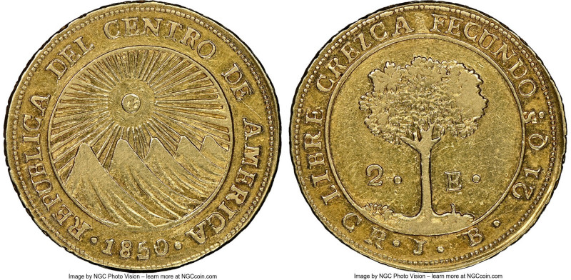 Central American Republic gold 2 Escudos 1850 CR-JB AU Details (Reverse Scratche...