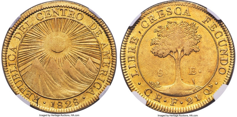 Central American Republic gold 8 Escudos 1828 CR-F AU58+ NGC, San Jose mint, KM1...