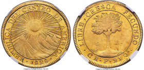 Central American Republic gold 8 Escudos 1828 CR-F AU58+ NGC, San Jose mint, KM17, Fr-1, Onza-1746 (Rare), Stickney-C102. Mintage: 5,302. The notable ...