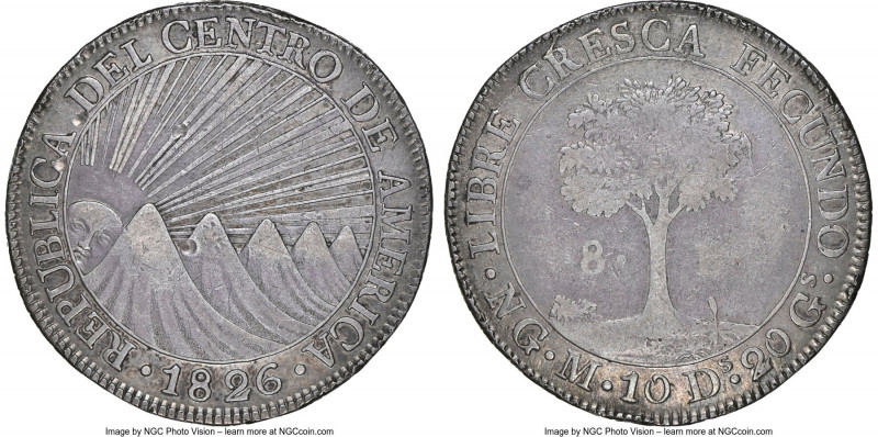 Central American Republic 8 Reales 1826 NG-M VF Details (Damaged) NGC, Nueva Gua...