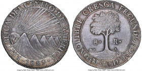 Central American Republic 8 Reales 1829 NG-M AU58 NGC, Nueva Guatemala mint, KM4, WR-11, Elizondo-89, Stickney-C92. A coin embellished with a textbook...