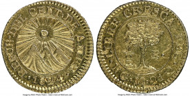 Central American Republic gold 1/2 Escudo 1824 NG-M UNC Details (Reverse Scratched) NGC, Nueva Guatemala mint, KM5, Stickney-C99. A sun-gold specimen ...