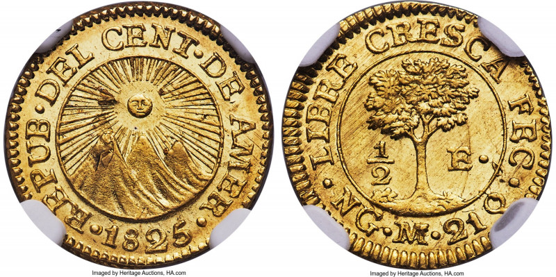 Central American Republic gold 1/2 Escudo 1825 NG-M MS64 NGC, Nueva Guatemala mi...