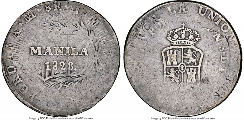 Spanish Colony. Ferdinand VII "Manila" Counterstamped 8 Reales 1828 F15 NGC, Man...