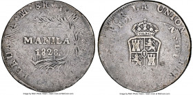 Spanish Colony. Ferdinand VII "Manila" Counterstamped 8 Reales 1828 F15 NGC, Manila mint, KM25, Basso-52, cf. Oropilla y Fortich-pg. 22, Fig. 1-17, an...