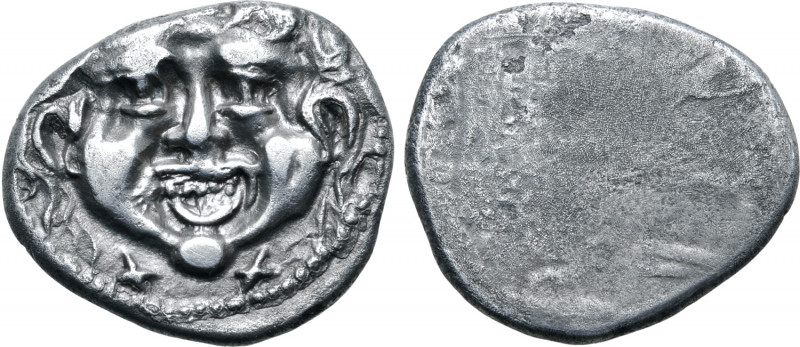 Etruria, Populonia AR 20 Asses. Circa 300-250 BC. Facing head of Metus; X X belo...