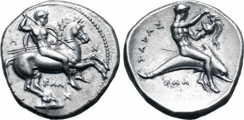 Calabria, Tarentum AR Nomos. Circa 340-325 BC. Kal-, magistrate. Nude rider on h...
