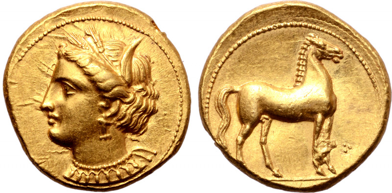 North Africa, Carthage AV Stater. Circa 350-320 BC. Head of Tanit to left, weari...