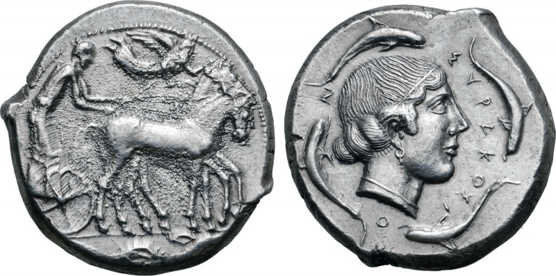 Sicily, Syracuse AR Tetradrachm. Second Democracy, circa 460-450 BC. Charioteer,...