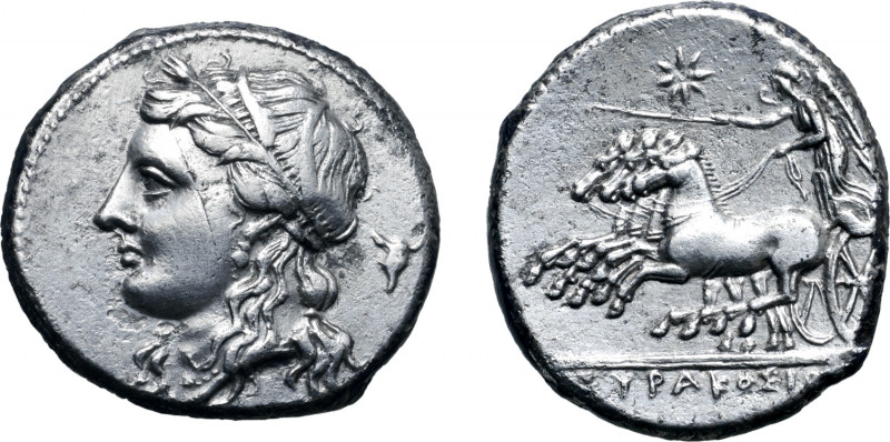 Sicily, Syracuse AR 15 Litrai - Tridrachm. Time of Hiketas, circa 285 BC. Head o...