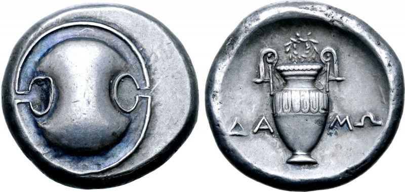 Boiotia, Thebes AR Stater. Circa 390-382 BC. Damo-, magistrate. Boiotian shield ...