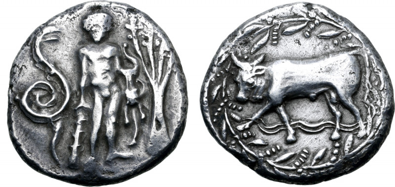 Crete, Phaistos AR Stater. Circa 330-320 BC. Nude Herakles standing facing, rest...